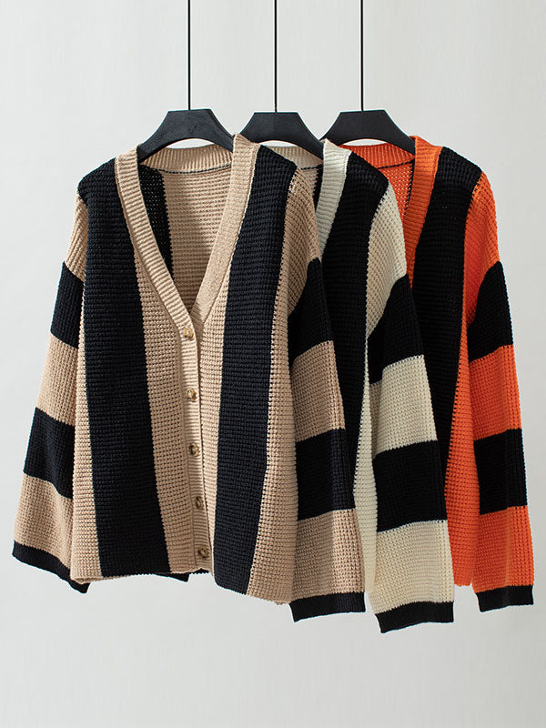 Long Sleeves Loose Buttoned Contrast Color Split-Joint Striped V-Neck Cardigan Tops