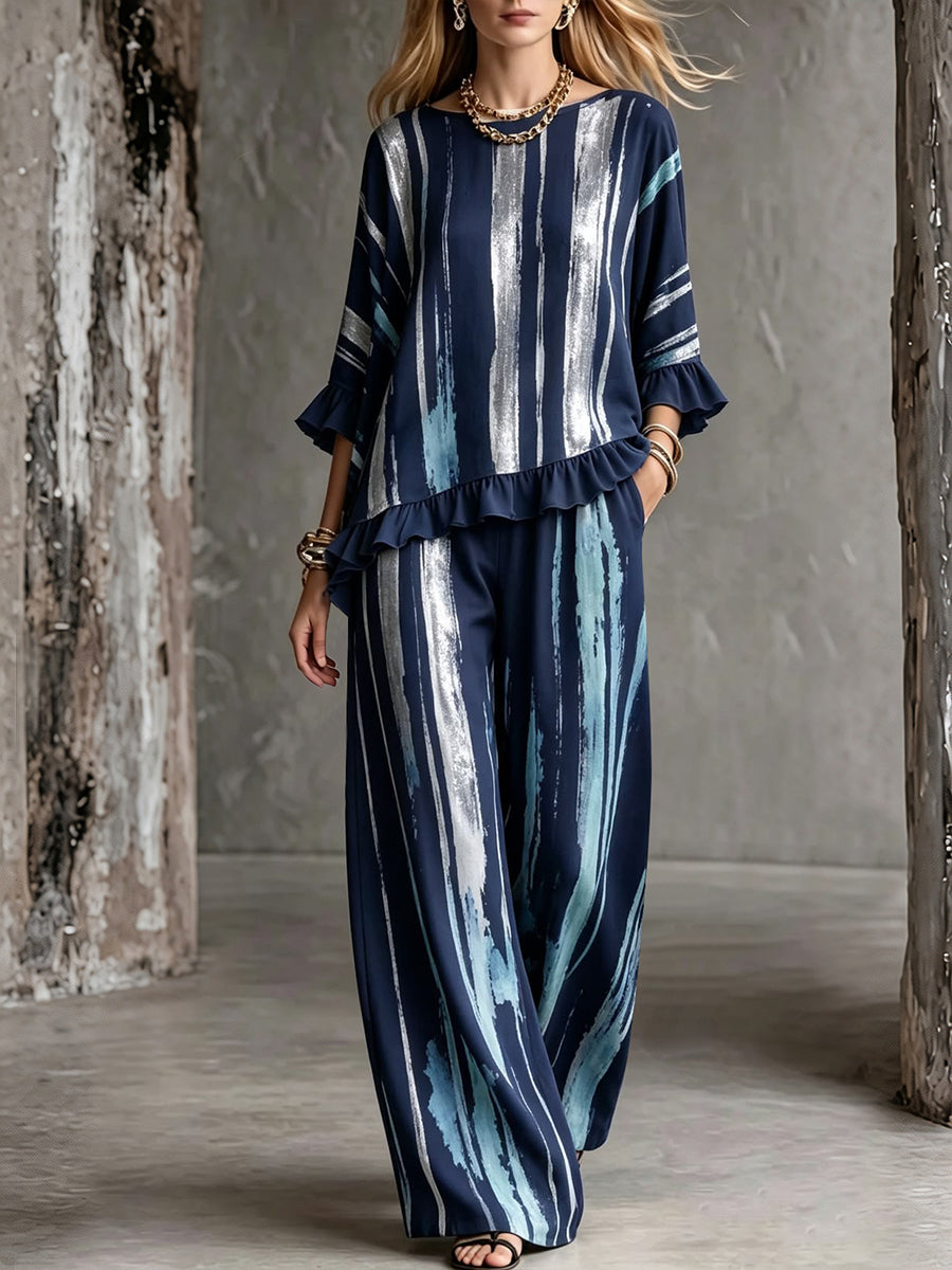 Split-Joint Ruffle Trim Printed Three-quarter Sleeves Ruffle Sleeves Round-neck Blouses&shirts Tops