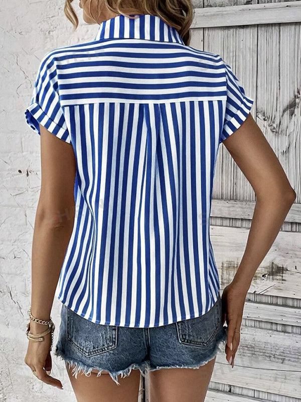 Loose Short Sleeves Contrast Color Split-Joint Striped Patterns Lapel Blouses&Shirts Tops