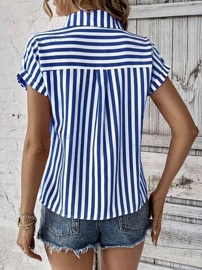 Loose Short Sleeves Contrast Color Split-Joint Striped Patterns Lapel Blouses&Shirts Tops
