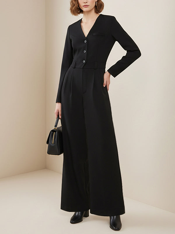Long Sleeves Comfort Fit Solid Color V-Neck Jumpsuits