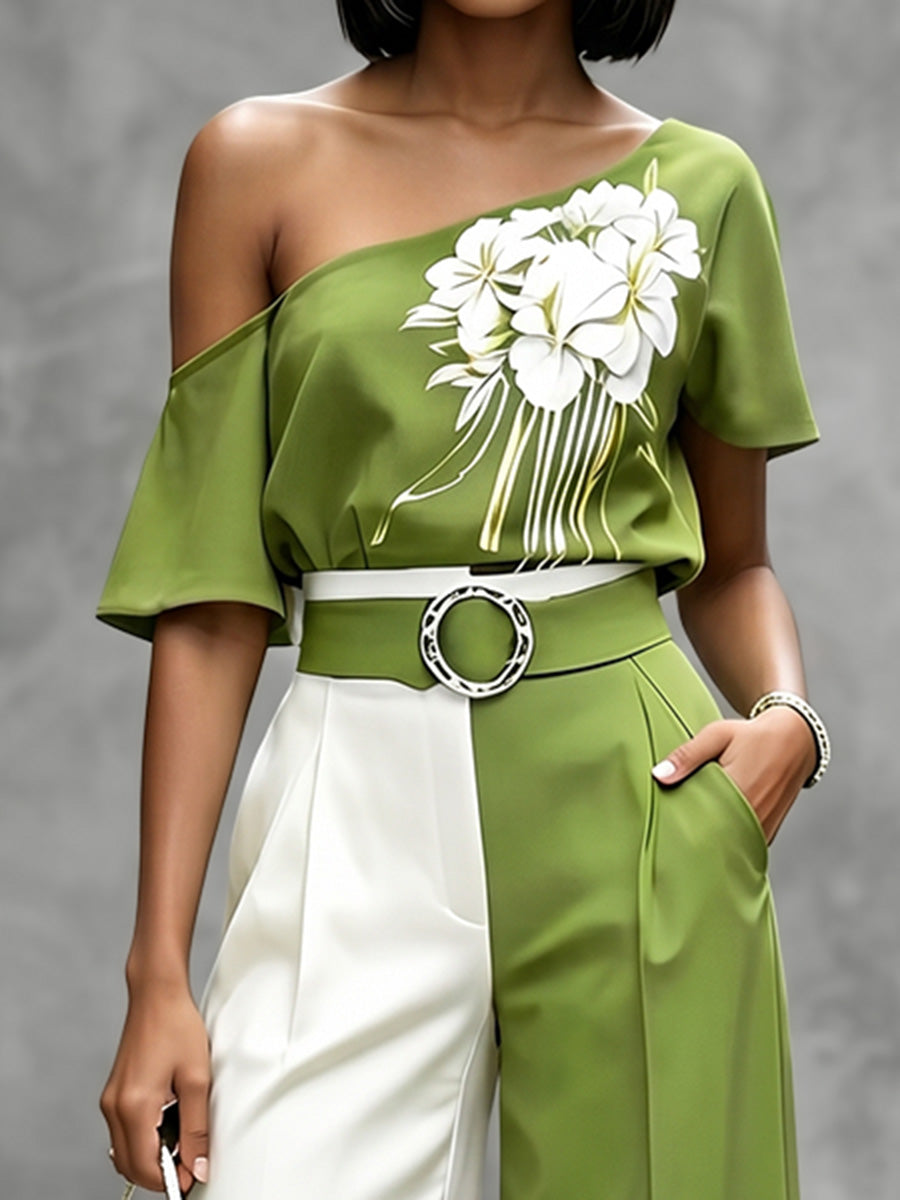 Short Sleeves Contrast Color Flower Print One-Shoulder Blouses&Shirts Tops