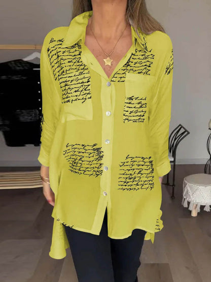 High-Low Long Sleeves Contrast Color Letter Print Pockets Lapel Blouses&Shirts Tops