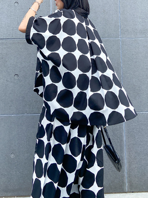 Batwing Sleeves Buttoned Polka-Dot Round-Neck Shirts Top + Elasticity Pockets Harem Pants Pants Bottom Two Pieces Set