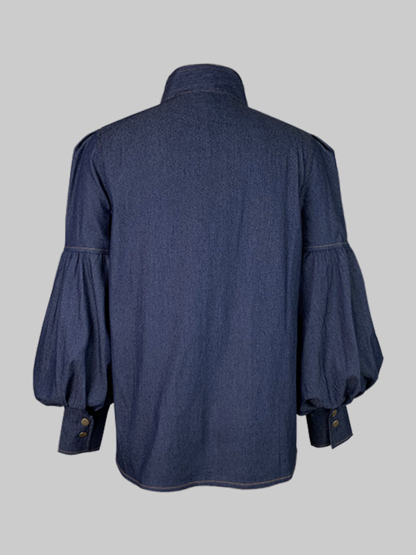 Tied Split-Joint Buttoned Bow-Embellished Puff Sleeves Long Sleeves High Neck Blouses&shirts Tops