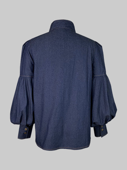 Tied Split-Joint Buttoned Bow-Embellished Puff Sleeves Long Sleeves High Neck Blouses&shirts Tops
