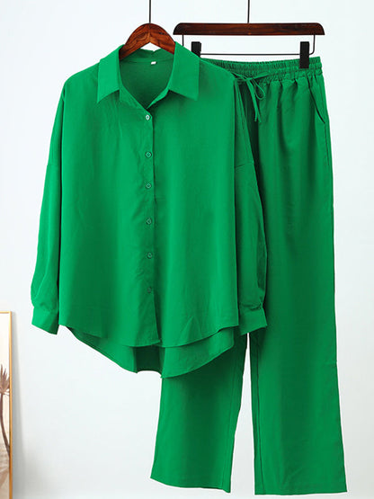 Solid Color High-Low Long Sleeves Lapel Blouses + Drawstring Pants Two Pieces Set