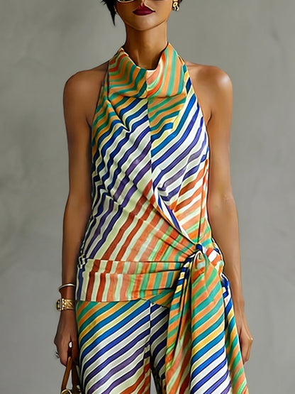 Loose Sleeveless Backless Contrast Color Striped Tied Halter-Neck Vest Top