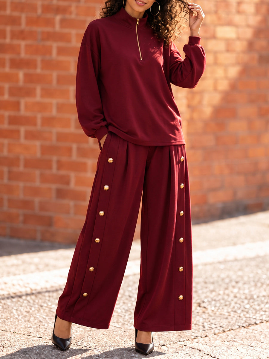 Zipper Solid Color Loose Long Sleeves Mock Neck Sweatshirt Tops