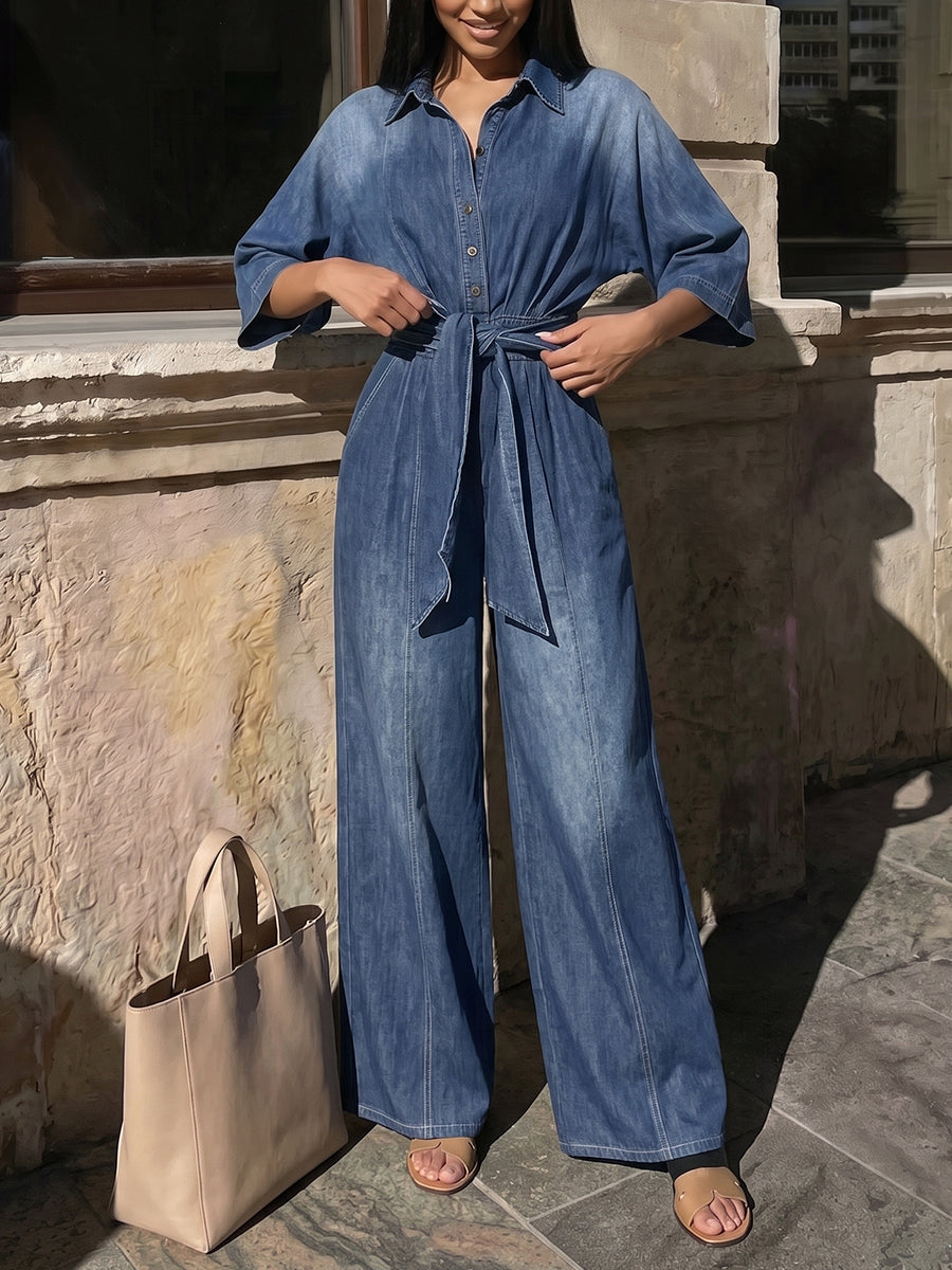 Tied Waist Pockets Gradient Buttoned Loose High Waisted Lapel Jumpsuits