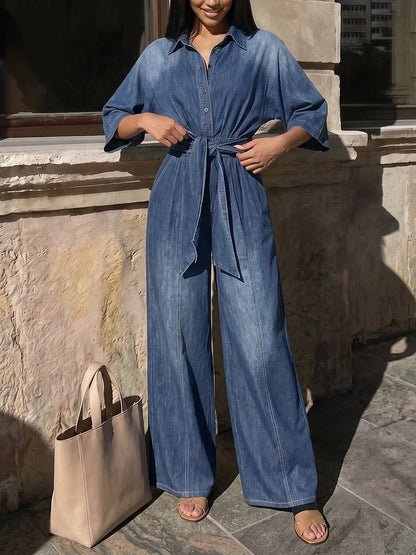 Tied Waist Pockets Gradient Buttoned Loose High Waisted Lapel Jumpsuits