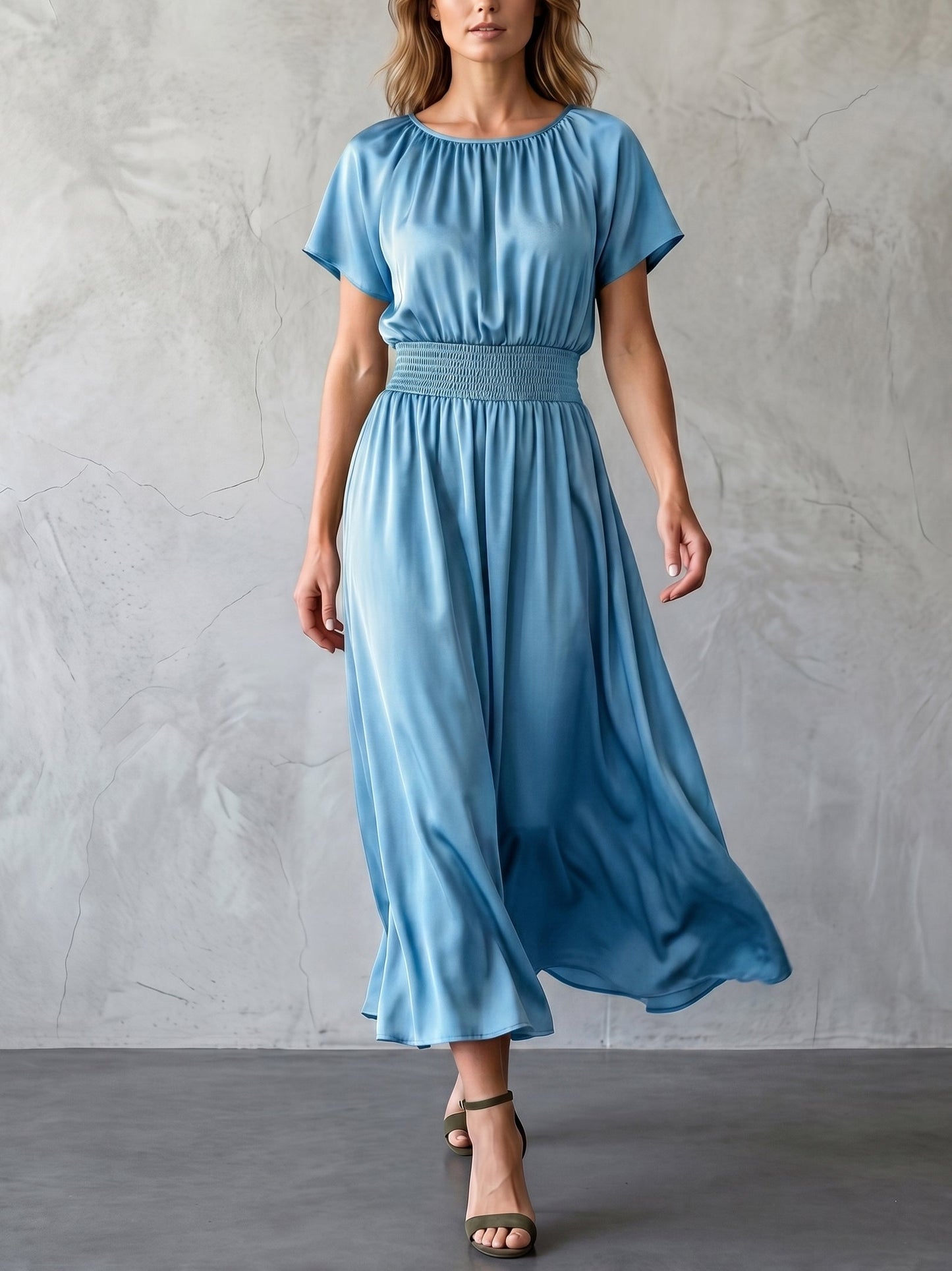 Batwing Sleeves High Waisted Elasticity Solid Color Round-Neck Maxi Dresses
