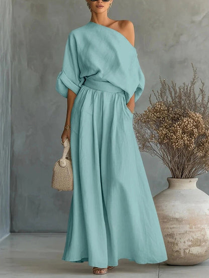 Loose Solid Color One-Shoulder Blouses&Shirts Tops + High Waisted Pleated Pockets Pants Trousers Two Pieces Set