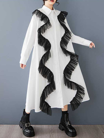 A-Line Long Sleeves Buttoned Split-Joint Lapel Midi Dresses Shirt Dress