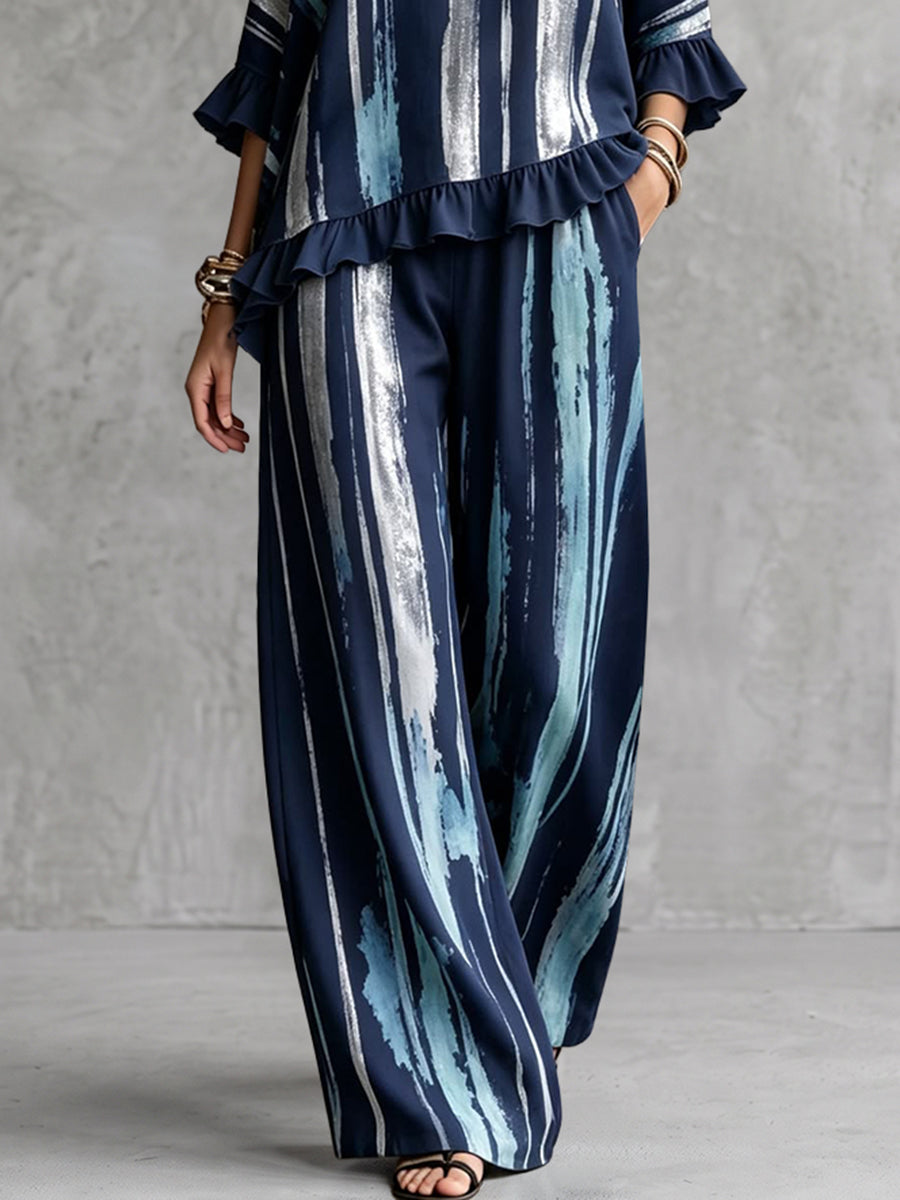 Printed Pockets Wide Leg High Waisted Trousers Pants