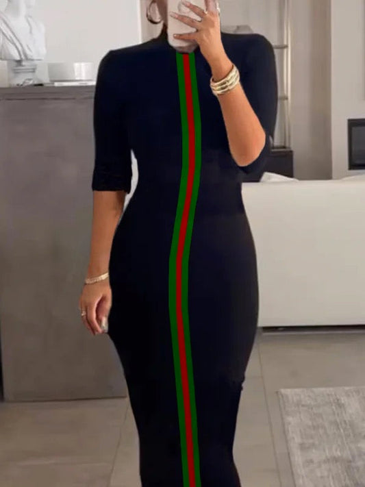 Bodycon Half Sleeves Contrast Color Striped Stand Collar Midi Dresses