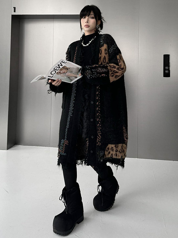 Hipster Long Sleeves Asymmetric Buttoned Contrast Color Leopard Pockets Split-Joint V-Neck Cardigan Tops