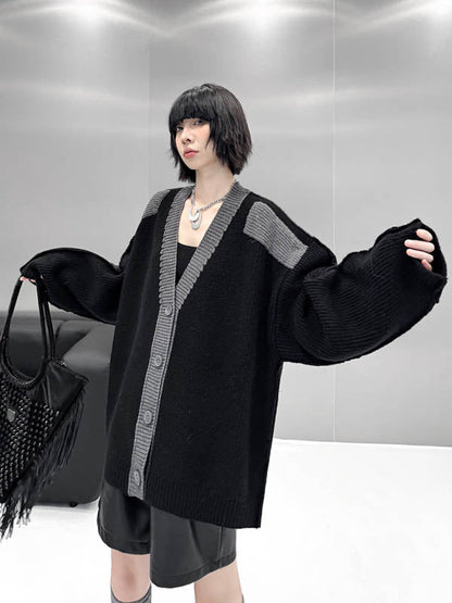 Long Sleeves Loose Buttoned Contrast Color Reversible Split-Joint Collarless Cardigan Tops Outerwear