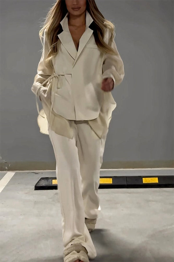 Fashion lar patchwork shirt pants two piece set Cream S