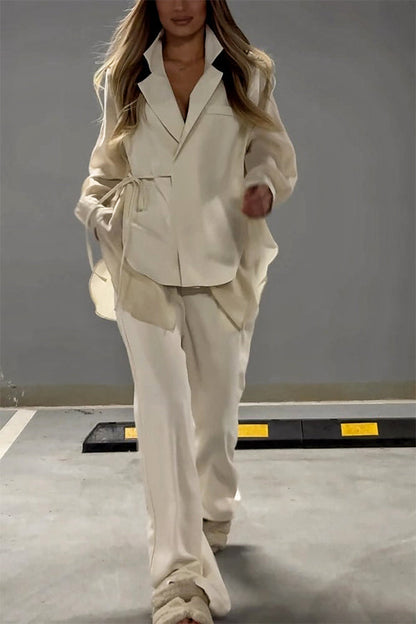 Fashion lar patchwork shirt pants two piece set Cream S