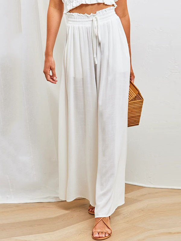 High Waisted Loose Drawstring Elasticity Pockets Solid Color Pants Trousers WHITE