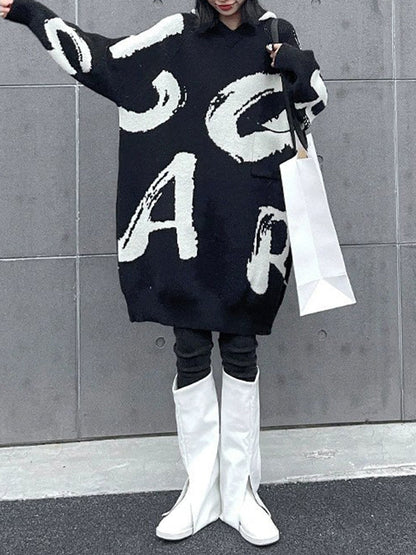 Long Sleeves Loose Knitted Letters Pockets Hooded Mini Dresses Sweater Dresses