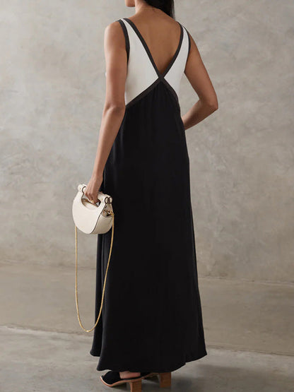 Loose Sleeveless Contrast Color Split-Joint Deep V-Neck Maxi Dresses