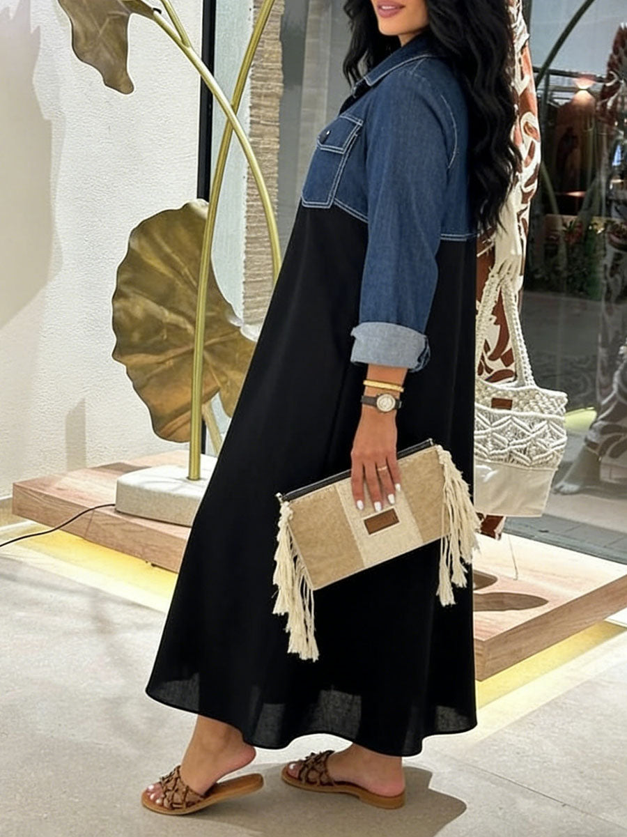A-Line Long Sleeves Buttoned Pockets Split-Joint Lapel Maxi Dresses