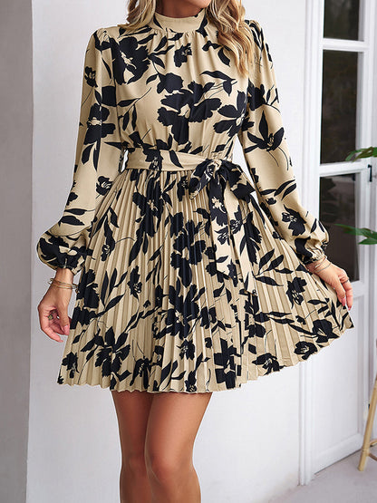 High Waisted Long Sleeves Flower Print Pleated Tied Waist Mock Neck Mini Dresses