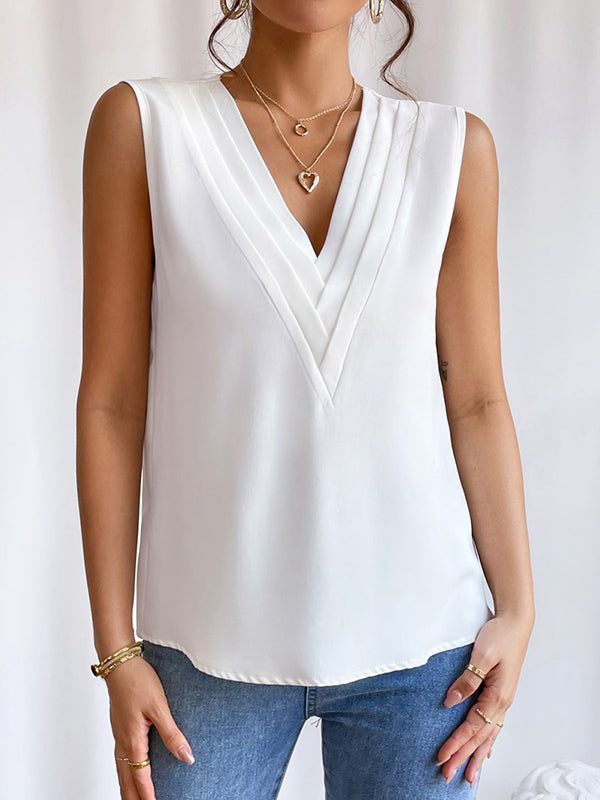 Loose Sleeveless Layered Solid Color V-Neck Vest Top