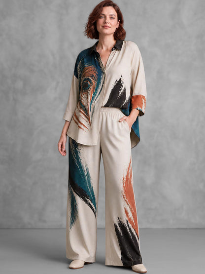 Contrast Color Buttoned Three-quarter Sleeves Loose Lapel Blouses&shirts Tops