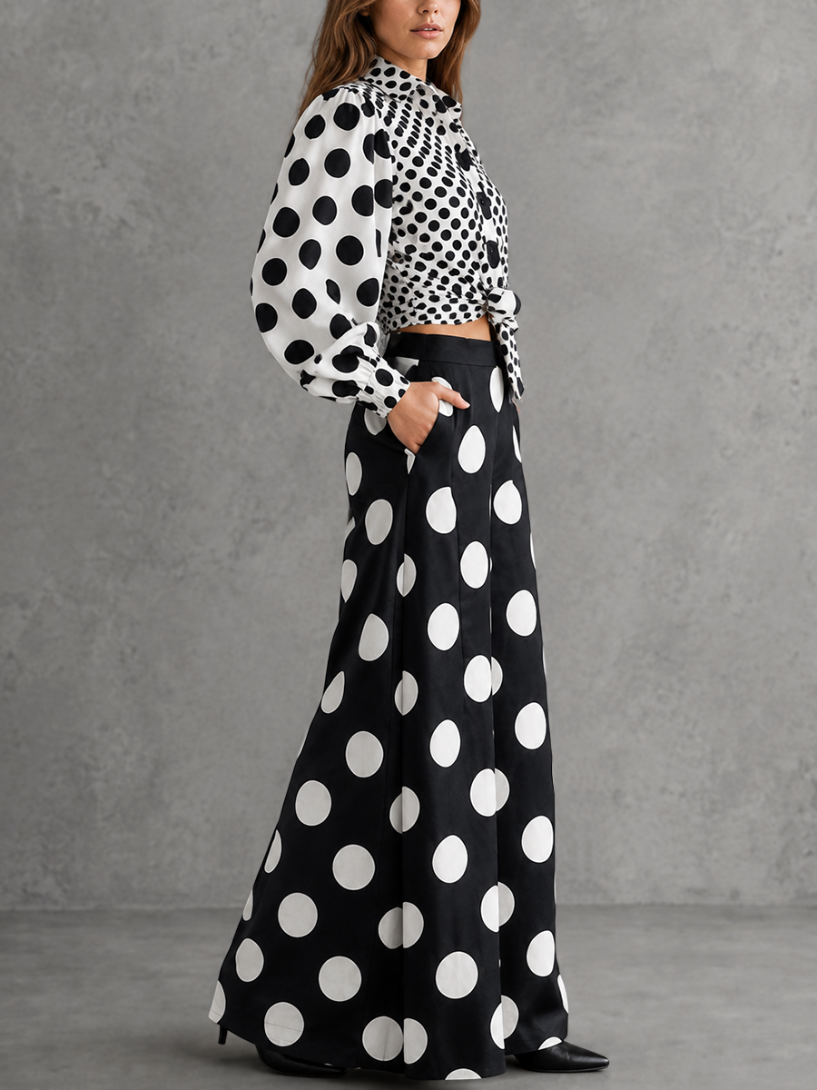 High Waisted Loose Contrast Color Pleated Pockets Polka Dot Split-Joint Pants Trousers