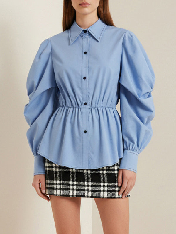 Long Sleeves Puff Sleeves Buttoned Pleated Solid Color Lapel Blouses&Shirts Tops