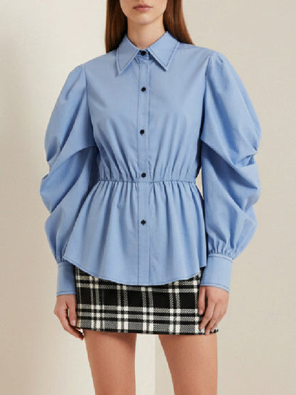 Long Sleeves Puff Sleeves Buttoned Pleated Solid Color Lapel Blouses&Shirts Tops