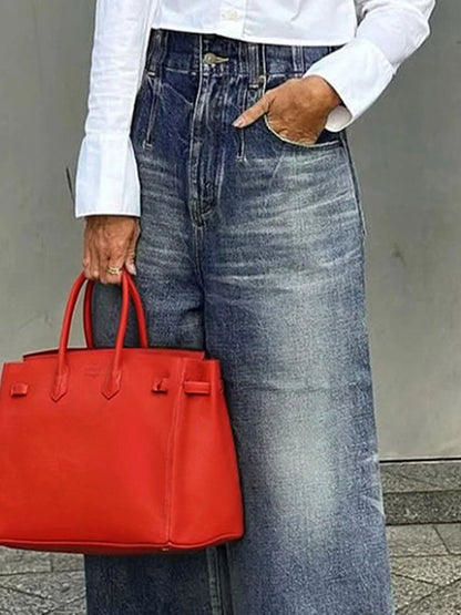 Loose Wide Leg Buttoned Fringed Pockets Jean Pants Bottoms