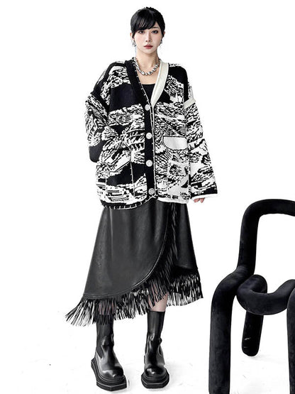 Long Sleeves Loose Abstract Printed Buttoned Contrast Color Pockets Split-Joint Collarless Cardigan Tops Outerwear