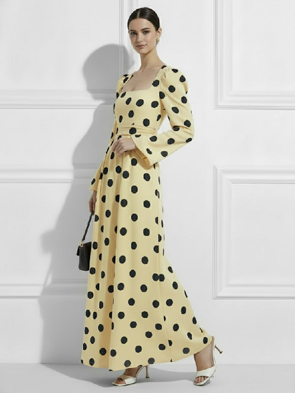High Waisted Polka Dot Square-Neck Maxi Evening Dresses