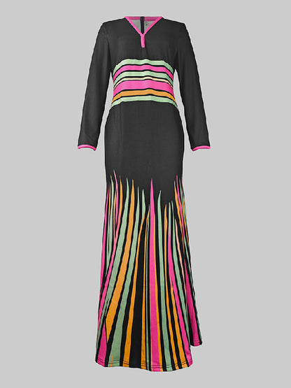 Long Sleeves Skinny Colorful Contrast Color Striped V-Neck Maxi Dresses