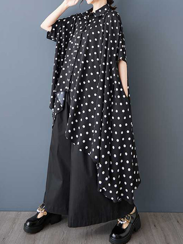 A-Line High-Low Asymmetric Buttoned Polka-Dot Lapel Midi Dresses Shirt Dress