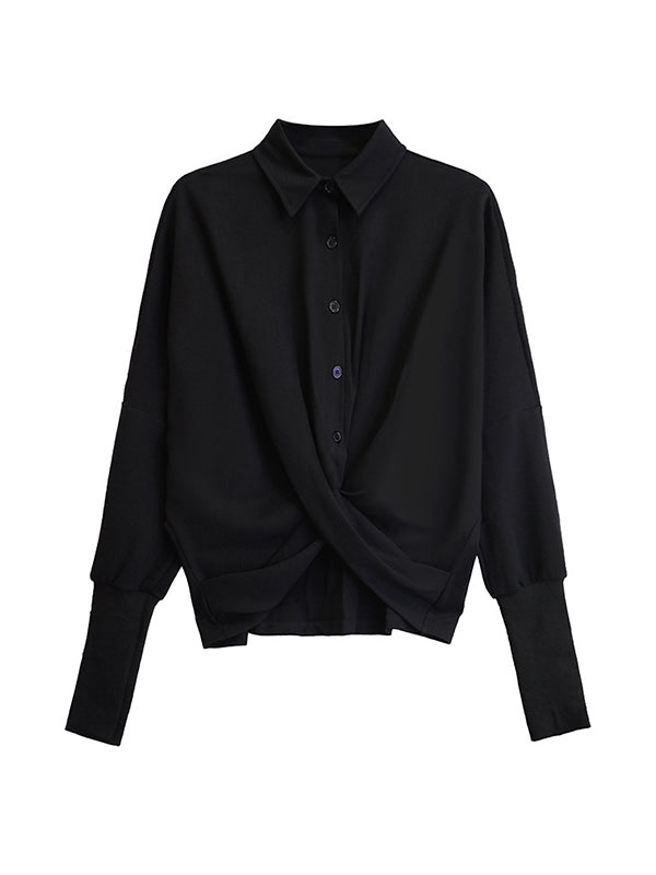 Hipster Irregularity Buttoned Solid Color Twist Lapel Collar Blouses&Shirts Tops
