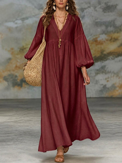 Solid Color Pleated Plus Size Loose V-neck Maxi Dresses