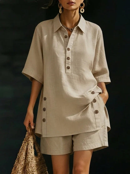 Loose Plus Size Buttoned Pockets Solid Color Lapel Blouse Top + Shorts Bottom Two Pieces Set