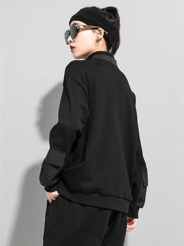 Casual Long Sleeves Loose Solid Color Zipper High-Neck Sweatshirt Tops