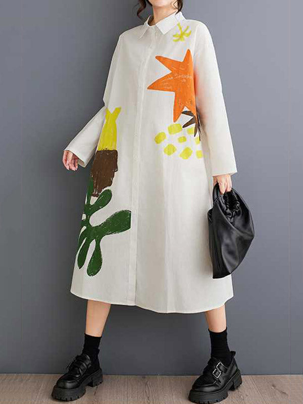 A-Line Long Sleeves Buttoned Pockets Printed Split-Joint Lapel Midi Dresses Shirt Dress