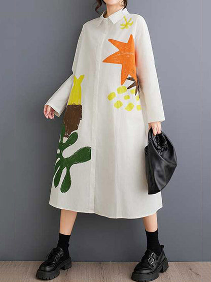A-Line Long Sleeves Buttoned Pockets Printed Split-Joint Lapel Midi Dresses Shirt Dress