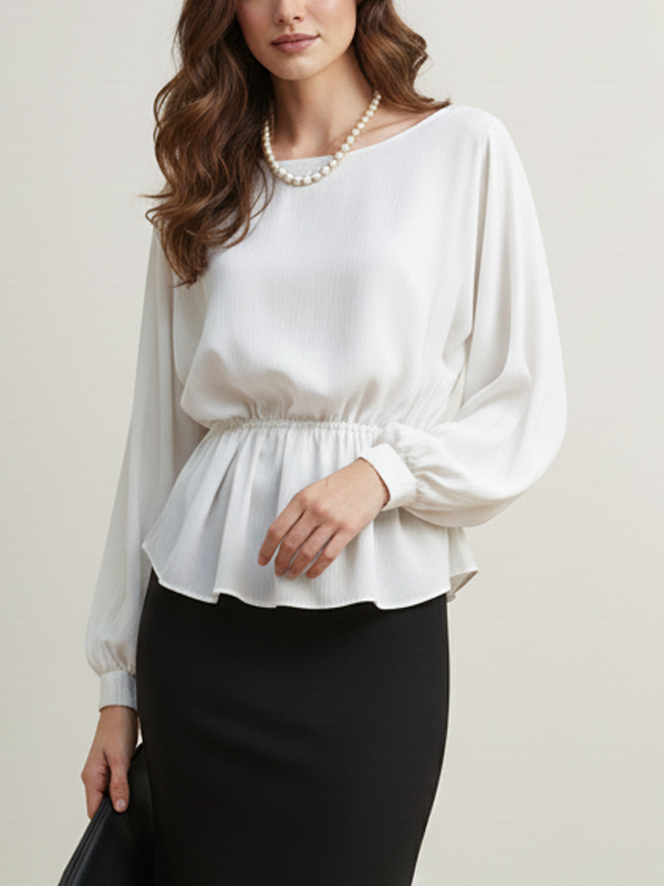 Long Sleeves Loose Elasticity Solid Color Round-Neck Blouses&Shirts Tops