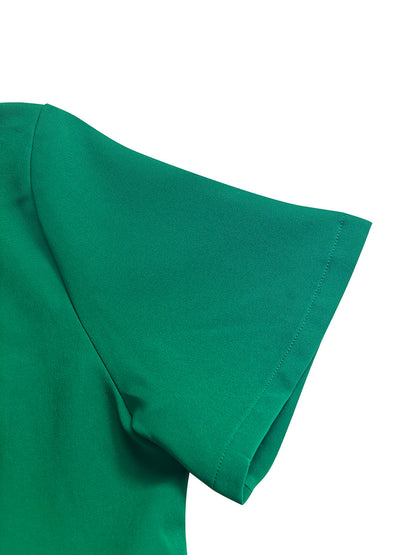 Split-Joint Solid Color Pleated Short Sleeves Loose Round-Neck Maxi Dresses