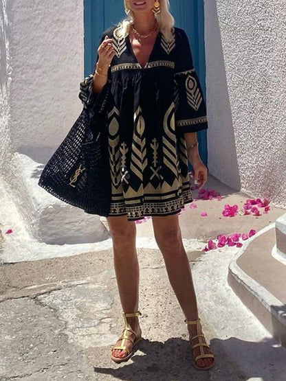 Flared Sleeves Loose Embroidered Split-Joint Deep V-Neck Mini Dresses