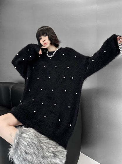 Long Sleeves Loose Beads Contrast Color Shiny Split-Joint Round-Neck Mini Dresses Sweater Dresses