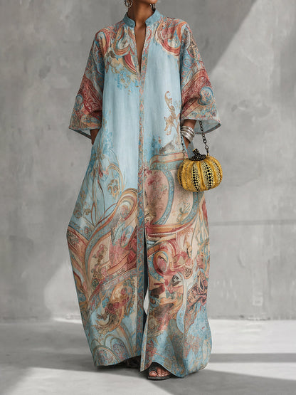 Printed Pockets Wide Leg Three-quarter Sleeves V-neck Jumpsuits